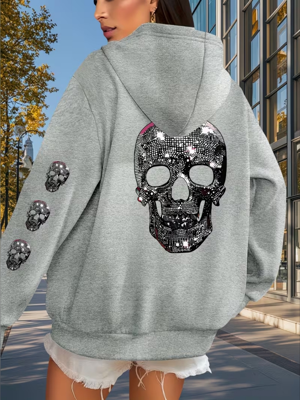 Women's Skull Pattern Printed Casual Fleece-Lined Pullover Hoodie in Gray Sz XXL - Picture 13 of 13